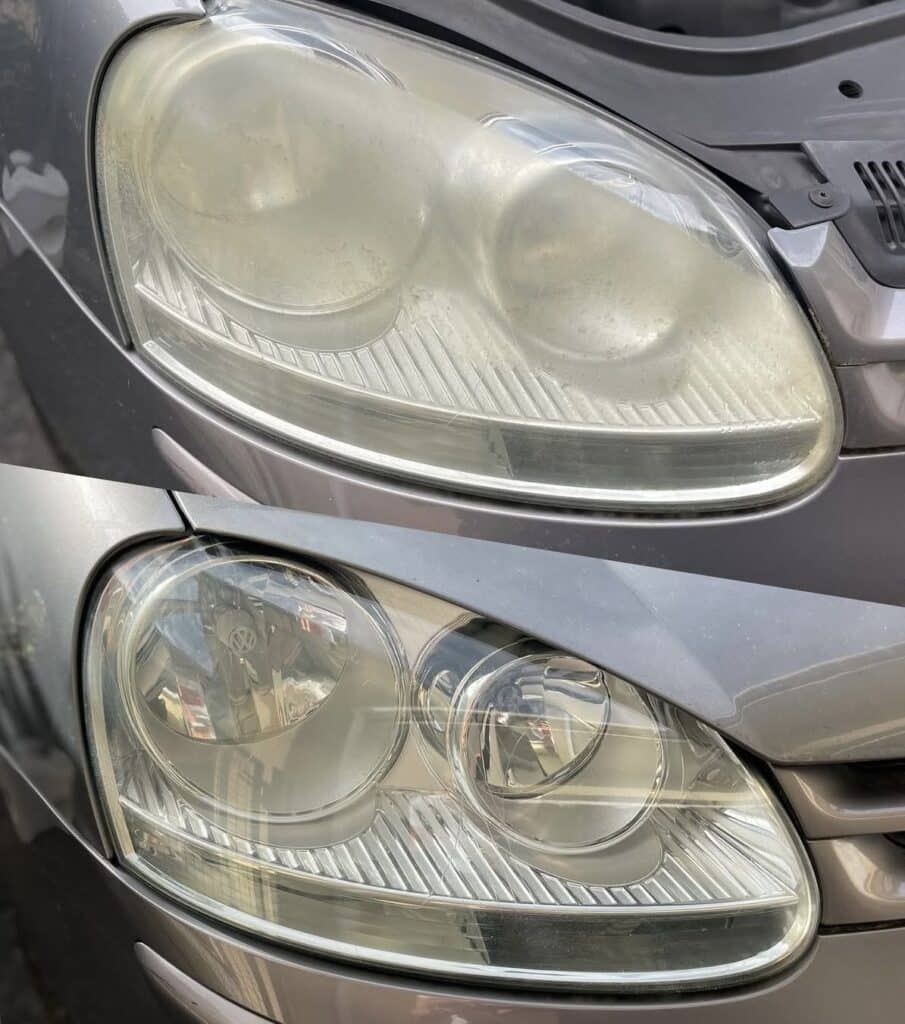 Rénovation spectaculaire des phares de voiture opaques. Restauration de phare automobile avant-après. Le haut montre l'optique jaune et opaque; le bas révèle une lentille claire et transparente.