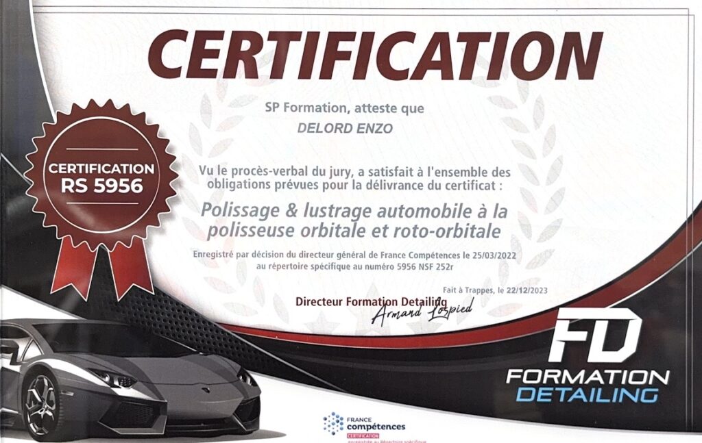 Certification polissage et lustrage EZD AUTO CLEAN situé à Saint Jean d'Illac Certificat de formation RS 5956 en polissage et lustrage automobile de SP Formation pour Delord Enzo avec France Compétences.